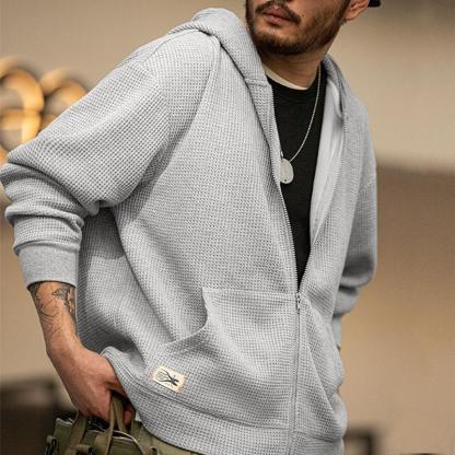 馬登工裝灰色華夫格連帽衛衣慵懶針織開衫運動外套男秋冬-Retro's Wear