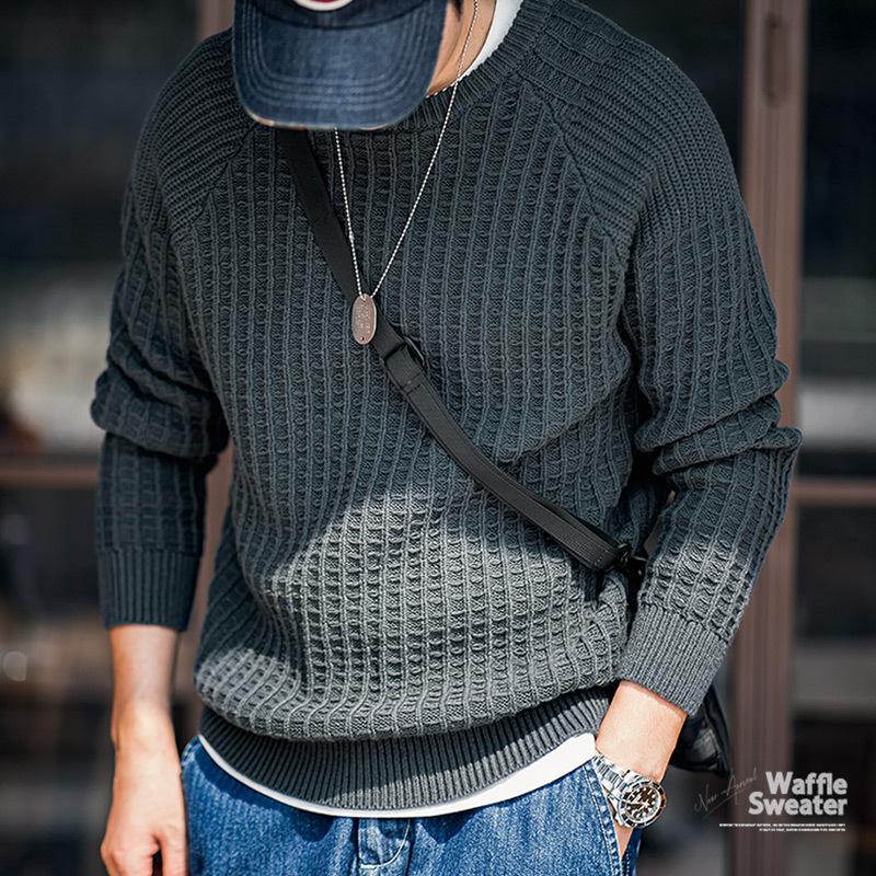 美式休閑華夫格圓領針織衫保暖套頭內搭打底毛衣男秋冬-Retro's Wear