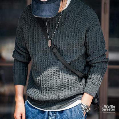 美式休閑華夫格圓領針織衫保暖套頭內搭打底毛衣男秋冬-Retro's Wear