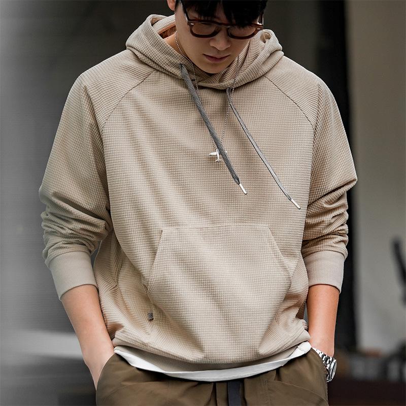 美式玉米粒刺繡連帽衛衣絨感百搭純色套頭衫上衣男春-Retro's Wear