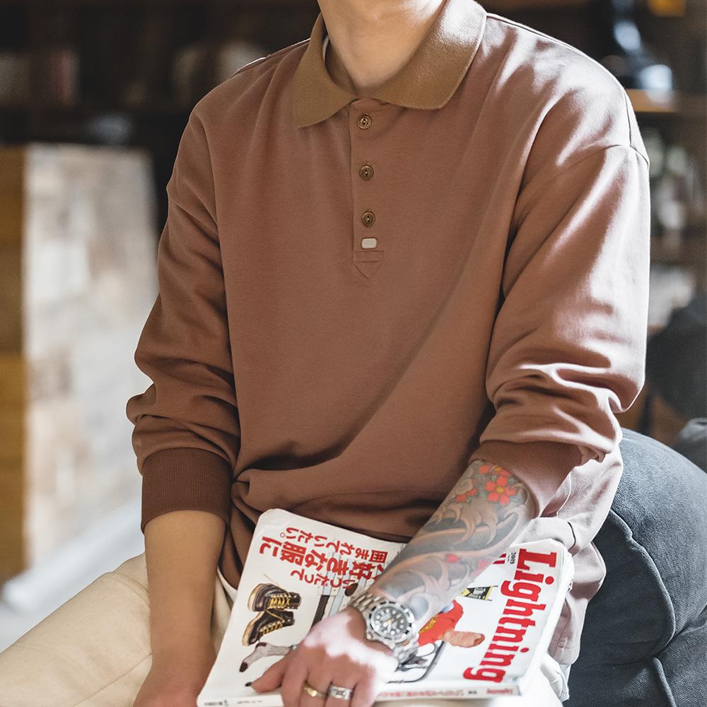基礎款翻領polo衫純色寬松百搭打底長袖T恤男春-Retro's Wear