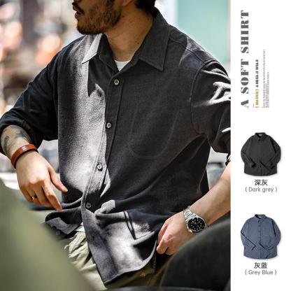 美式休閑星空紋純色翻領襯衫正肩疊穿長袖襯衣外套男秋-Retro's Wear