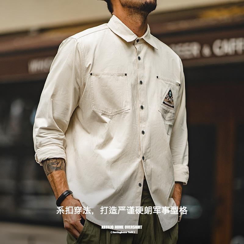 馬登工裝印第安圖騰米白色長袖襯衫拼接口袋疊穿寸衣男秋-Retro's Wear