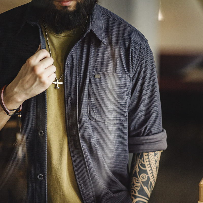 美式復古玉米粒格子襯衫翻領純色休閒鬆弛感長袖襯衣男秋-Retro's Wear