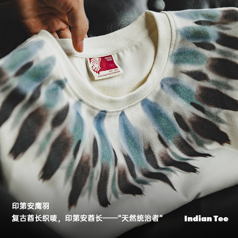 美式復古印第安羽毛印花短袖做舊寬鬆民族風T恤男夏-Retro's Wear