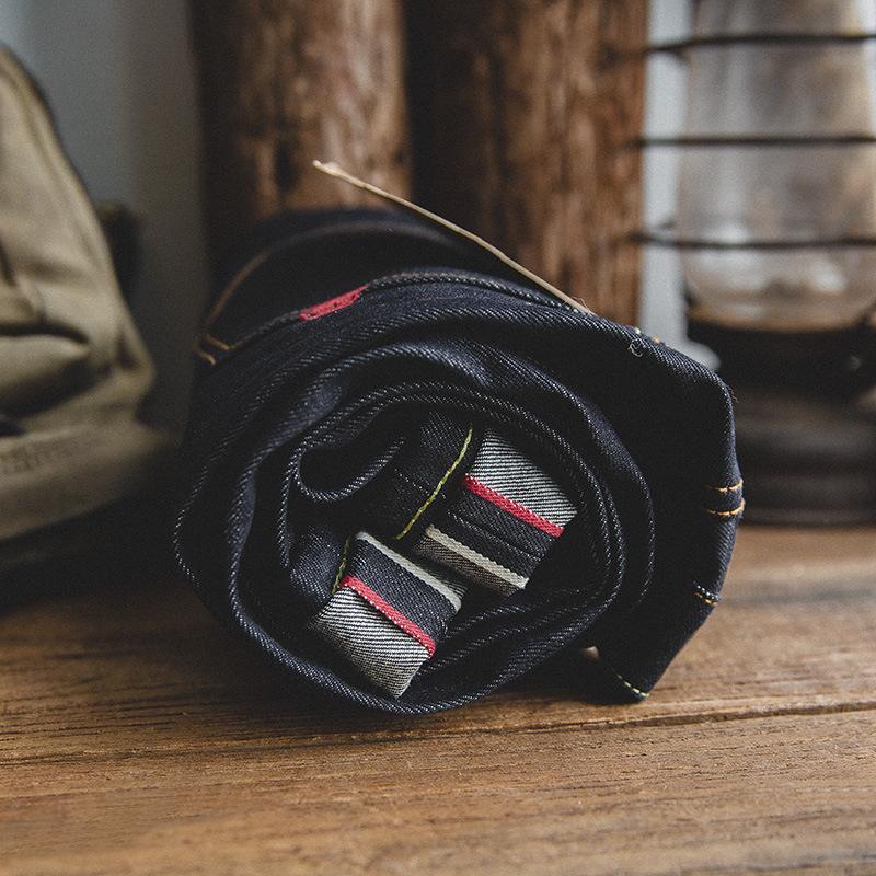 馬登工裝雙赤耳修身直筒原牛刺繡原色丹寧卷邊牛仔褲男-Retro's Wear