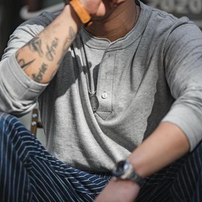 馬登工裝美式亨利衫長袖T恤硬漢內搭打底衫秋裝男領-Retro's Wear