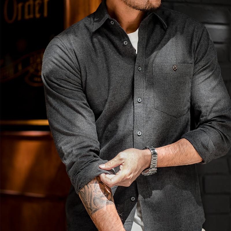 美式休閑法蘭絨全棉襯衫灰色商務通勤磨毛長袖襯衣男秋-Retro's Wear