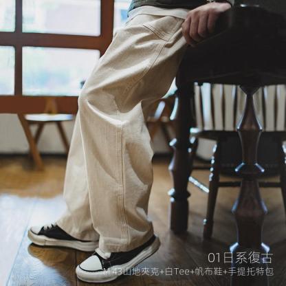 馬登工裝復古棉籽殼米白色休閑牛仔褲耐磨寬松直筒長褲子男秋-Retro's Wear