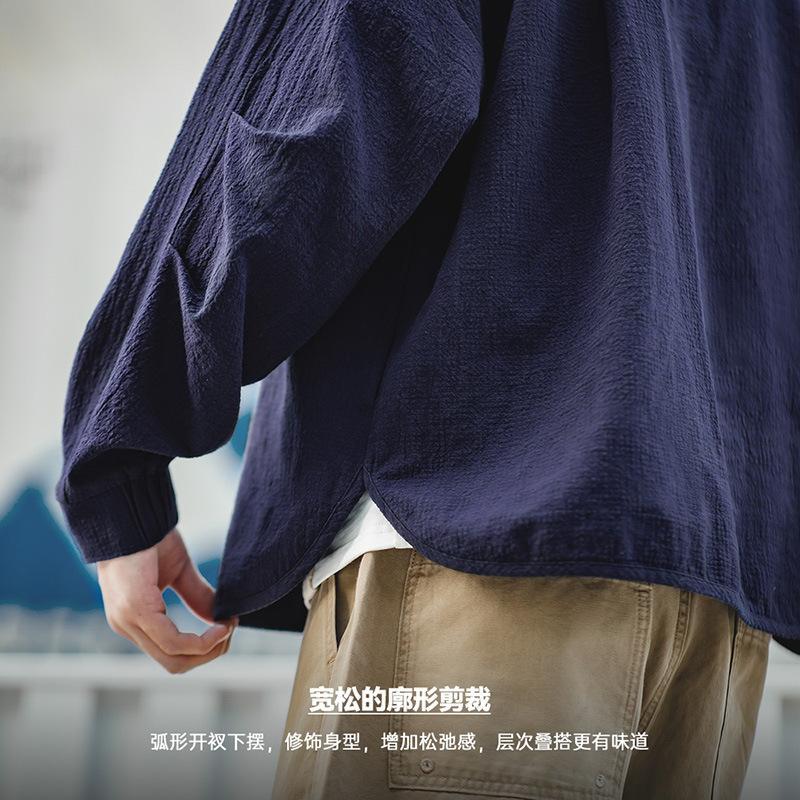 肌理感polo衫男士全棉翻領襯衫廓形寬松長袖上-Retro's Wear