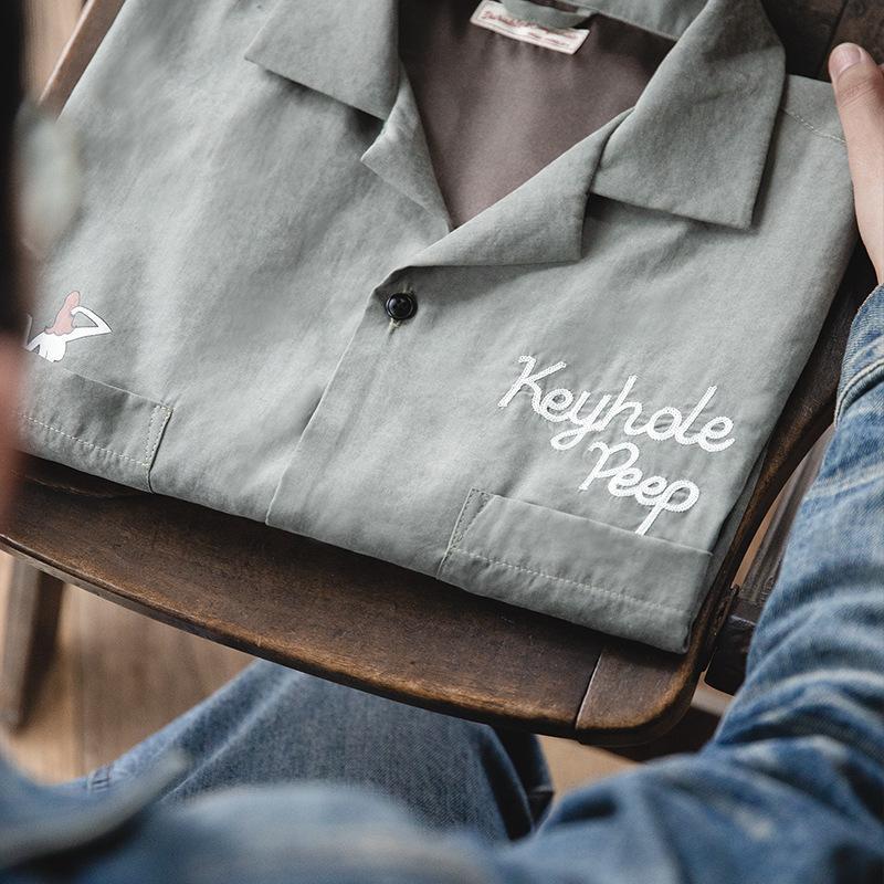 馬登工裝美式寬鬆古巴領短袖襯衫阿美哢嘰春夏疊穿V領襯衣男-Retro's Wear