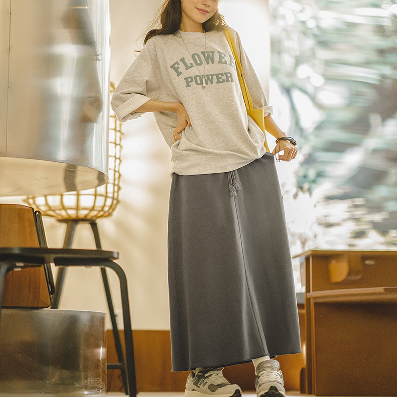 日系復古抽繩半身長裙高腰A字裙中長款休閒慵懶衛衣裙夏-Retro's Wear