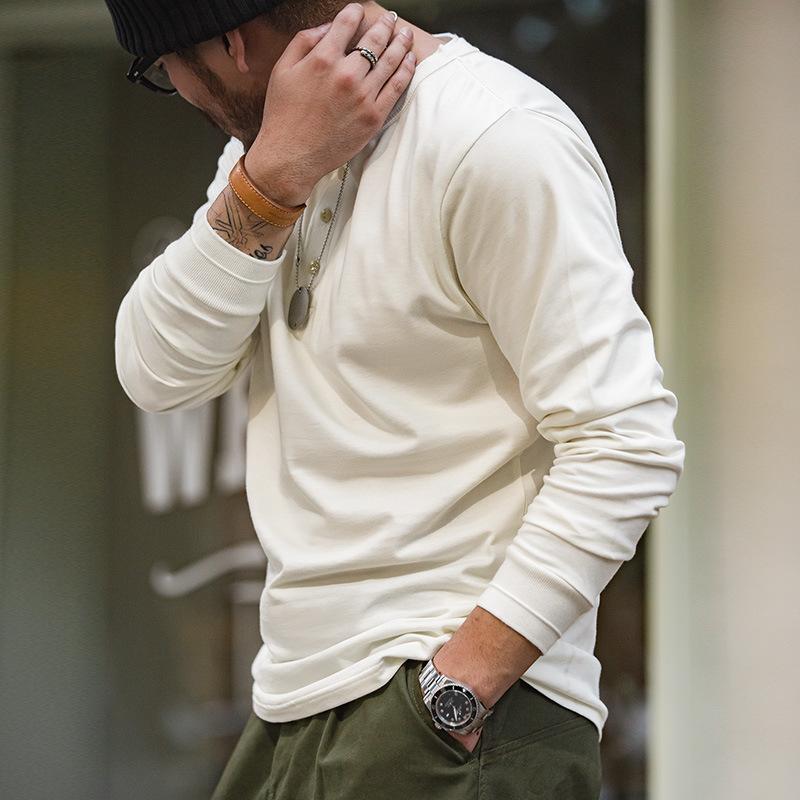 馬登工裝美式亨利衫長袖T恤硬漢內搭打底衫秋裝男領-Retro's Wear