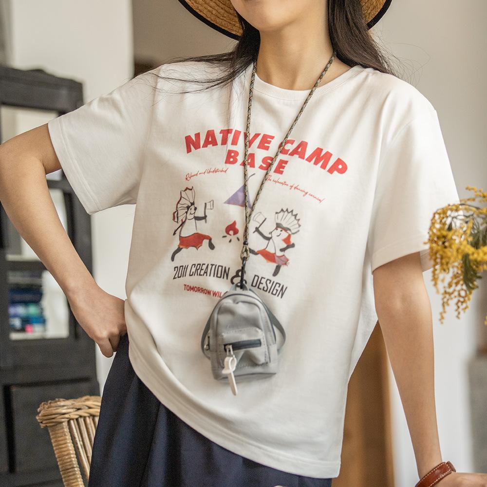 馬登女裝 美式印花短袖純棉透氣寬松上衣設計感個性圓領t恤春