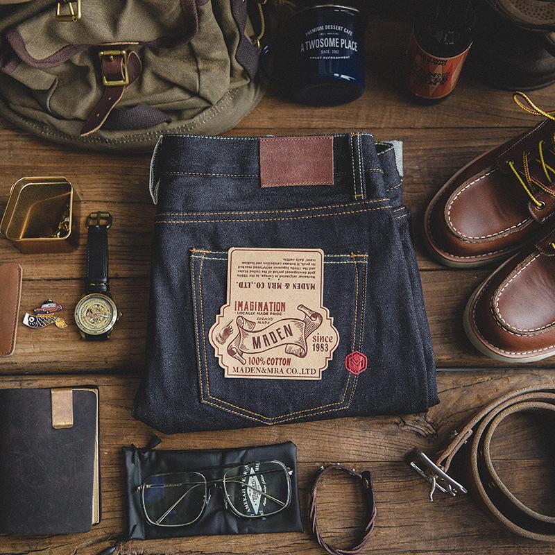 馬登工裝雙赤耳修身直筒原牛刺繡原色丹寧卷邊牛仔褲男-Retro's Wear