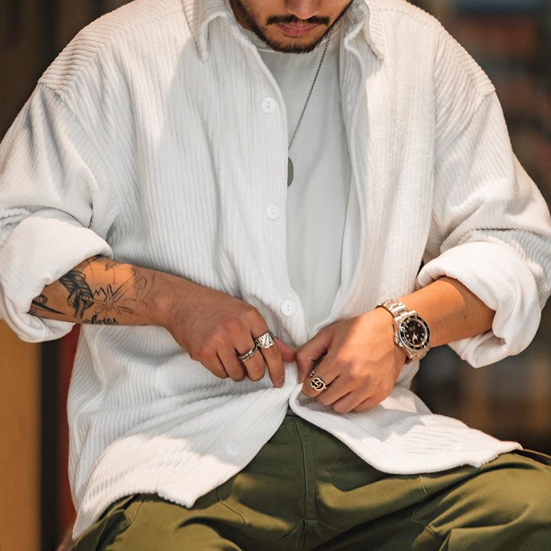 馬登工裝提花針織深灰色落肩長袖襯衫寬鬆厚實外套寸衣男-Retro's Wear