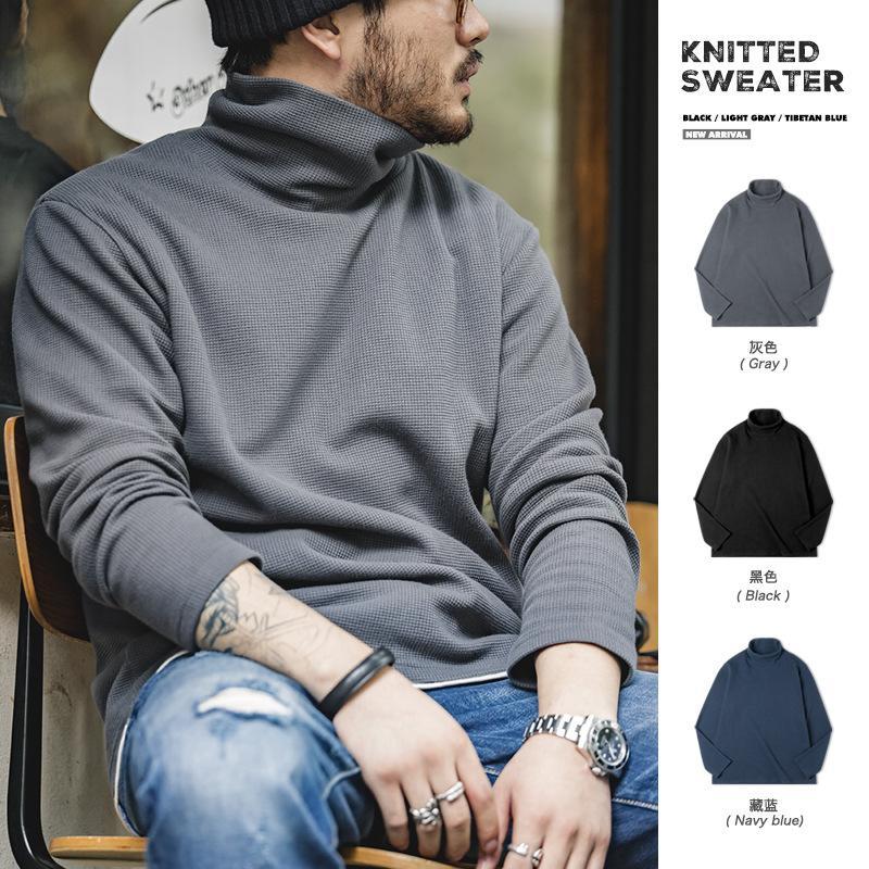 美式休閑灰色高領衛衣純色內搭打底衫長袖T恤男秋冬-Retro's Wear