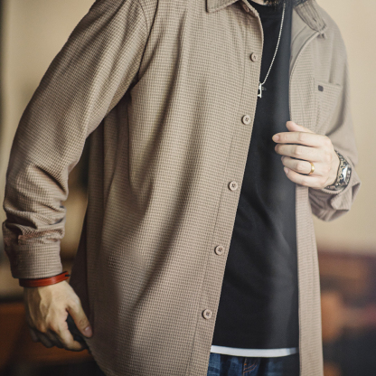 美式復古玉米粒格子襯衫翻領純色休閒鬆弛感長袖襯衣男秋-Retro's Wear