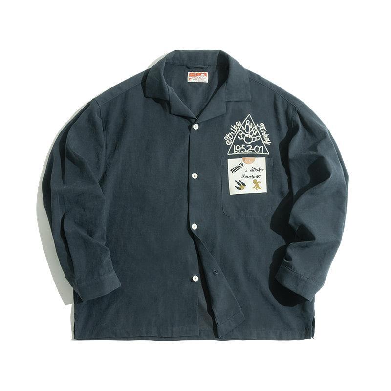 馬登工裝美式墨綠保齡球古巴領襯衫磨毛寬松桃皮打底男潮-Retro's Wear