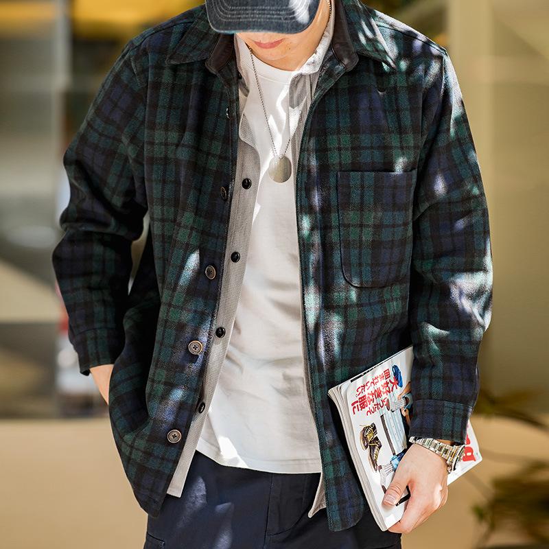 藍綠格子毛呢夾克寬松厚實格紋襯衫外套男秋季-Retro's Wear