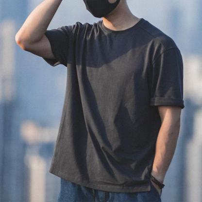 馬登工裝寬鬆圓領深灰色短袖厚實哢嘰夏純色潮半袖T恤男-Retro's Wear