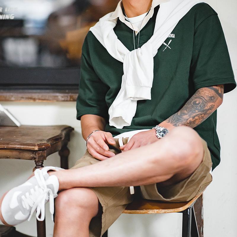 撞色polo領短袖美式刺繡打底衫學院風翻領半袖t恤男-Retro's Wear