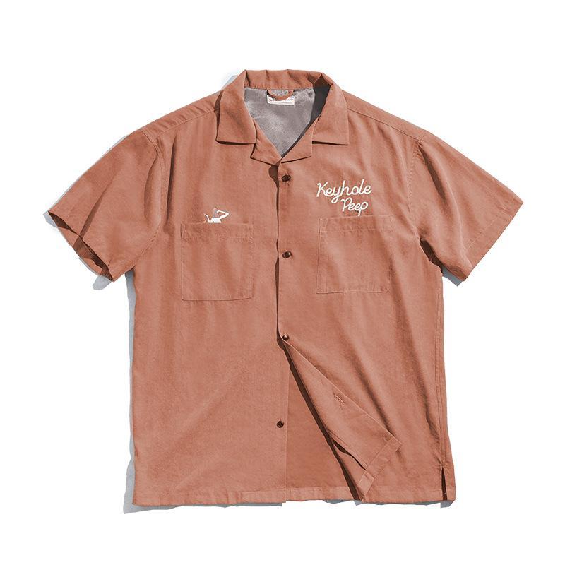 馬登工裝美式寬鬆古巴領短袖襯衫阿美哢嘰春夏疊穿V領襯衣男-Retro's Wear