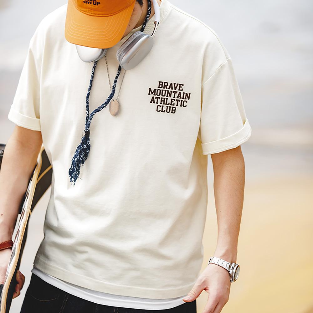 美式休閑馬卡龍色短袖t恤植絨字母印花全棉圓領體恤男夏-Retro's Wear