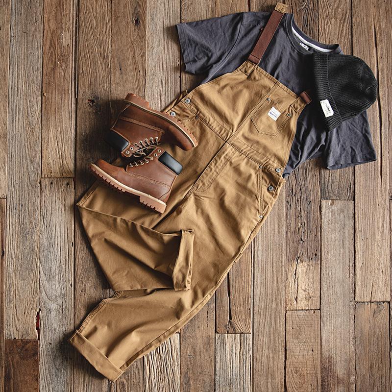 馬登工裝卡其色背帶褲春秋阿美哢嘰複刻帆布吊帶褲-Retro's Wear
