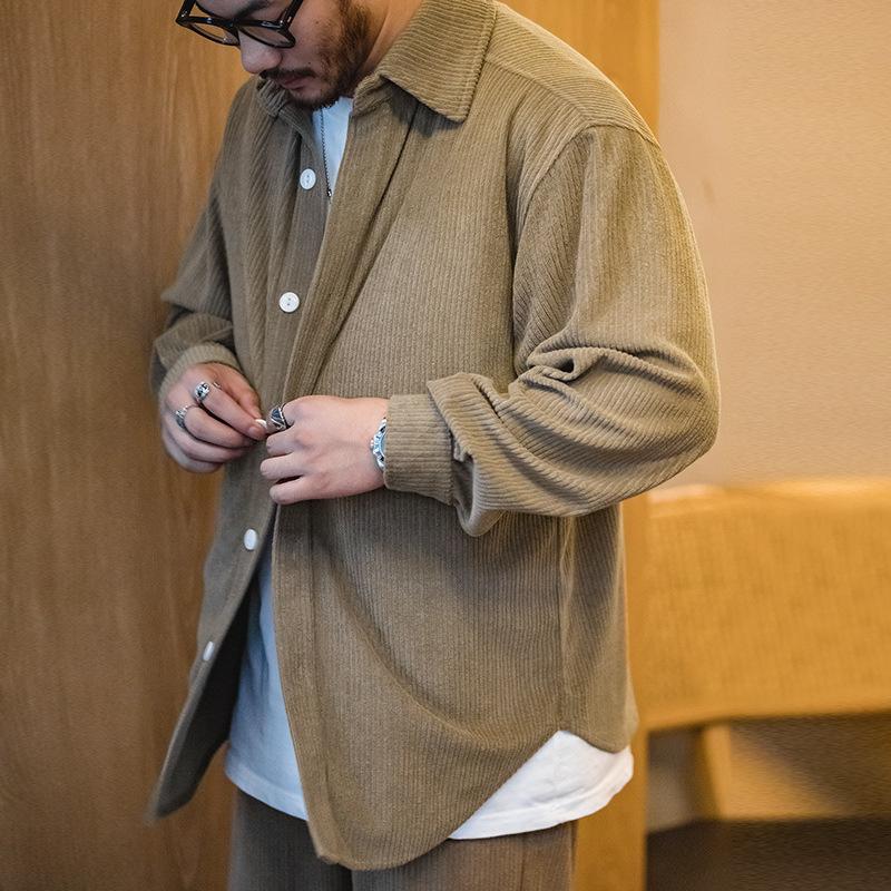 馬登工裝提花針織深灰色落肩長袖襯衫寬鬆厚實外套寸衣男-Retro's Wear