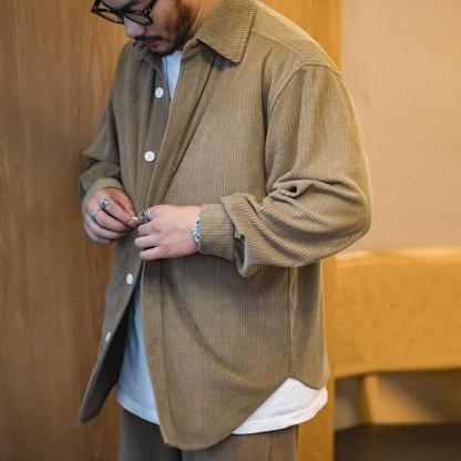 馬登工裝提花針織深灰色落肩長袖襯衫寬鬆厚實外套寸衣男-Retro's Wear