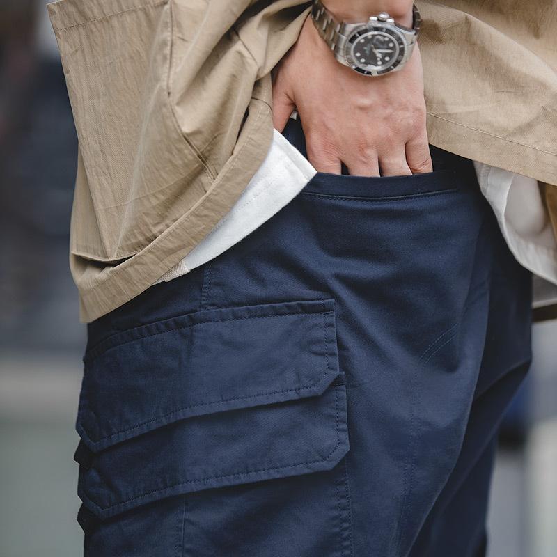 馬登工裝美式彎刀大口袋立體剪裁束腳褲抽繩軍綠色九分褲男潮-Retro's Wear