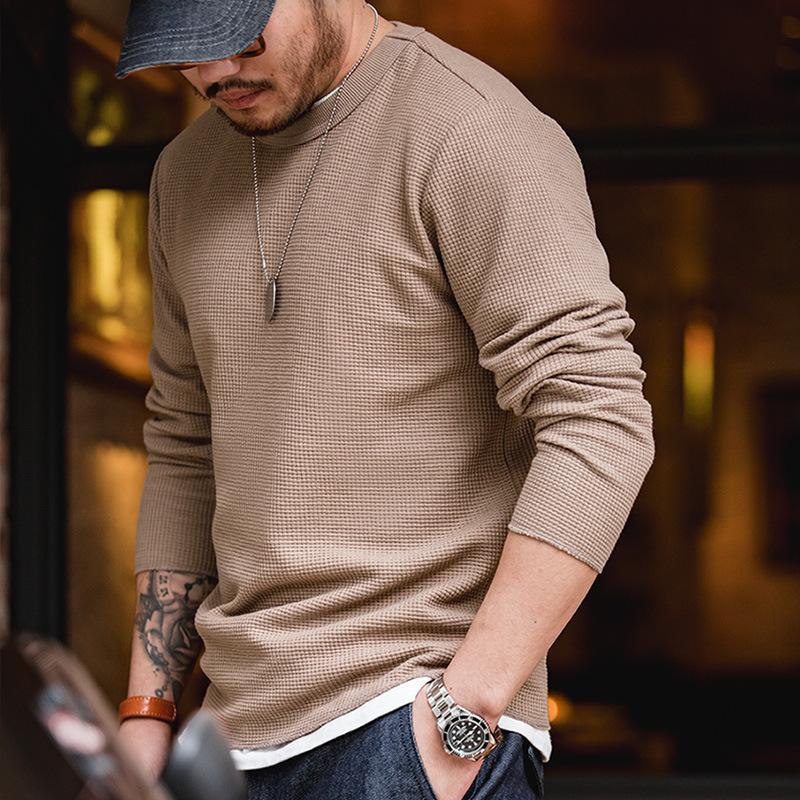 馬登工裝300g華夫格圓領T恤衛衣三本針長袖打底衫男-Retro's Wear