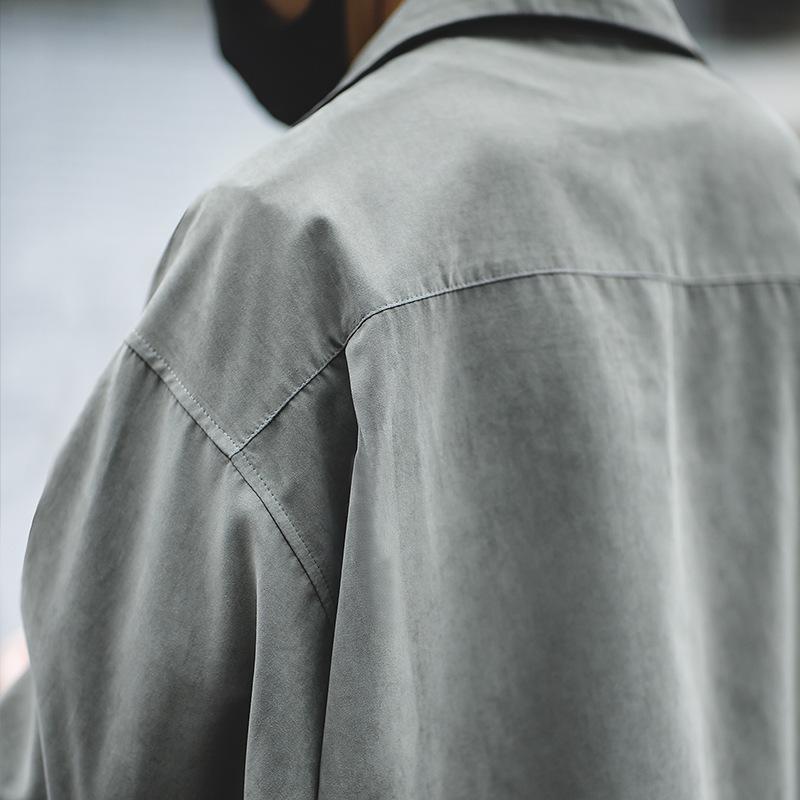 馬登工裝美式古巴領長袖襯衫疊穿古著寬鬆桃皮絨V領襯衣男-Retro's Wear