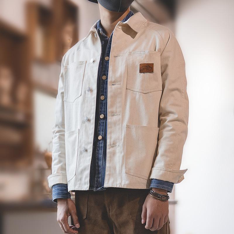 馬登工裝法式方領白色牛仔夾克大口袋插肩上衣早初秋外套男潮-Retro's Wear