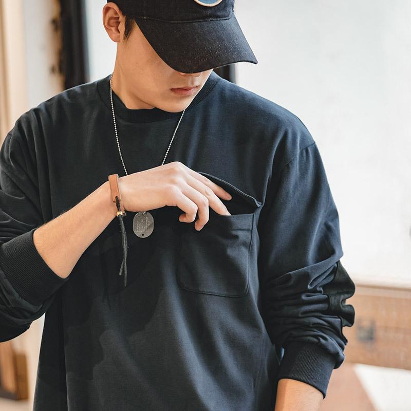 馬登工裝麂皮絨拼接貼布棉長袖T恤寬鬆落肩圓領衛衣男-Retro's Wear