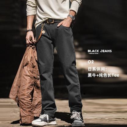 馬登工裝美式純黑色中腰牛仔褲水洗顯瘦硬漢直筒丹寧長褲男秋-Retro's Wear