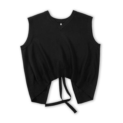 馬登女裝休閑v領系帶疊穿針織馬甲無袖慵懶背心坎肩上衣春新款-Retro's Wear