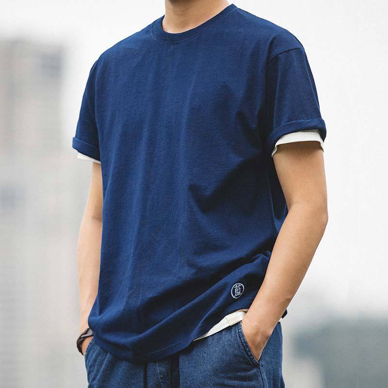 馬登工裝植物藍染T恤夏季阿美哢嘰基礎款純色薄款短袖男-馬登工裝