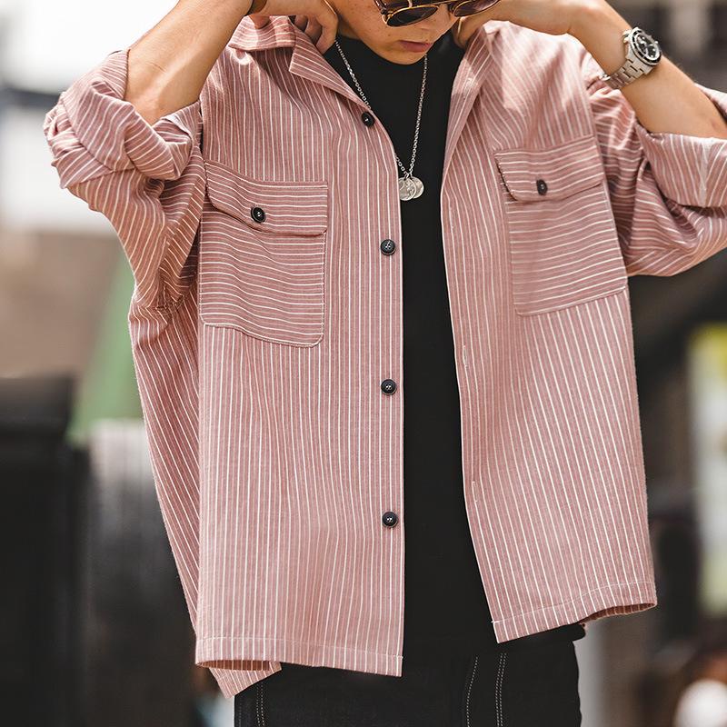 馬登工裝鵝黃色條紋古巴領襯衫阿美咔嘰古著長袖上衣男潮-Retro's Wear