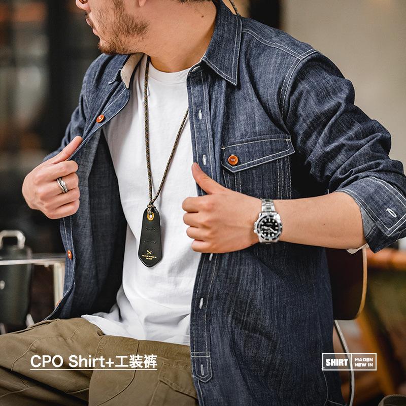 馬登工裝美式疊穿長袖丹寧牛仔襯衫內搭阿美哢嘰硬漢襯衣男士-Retro's Wear