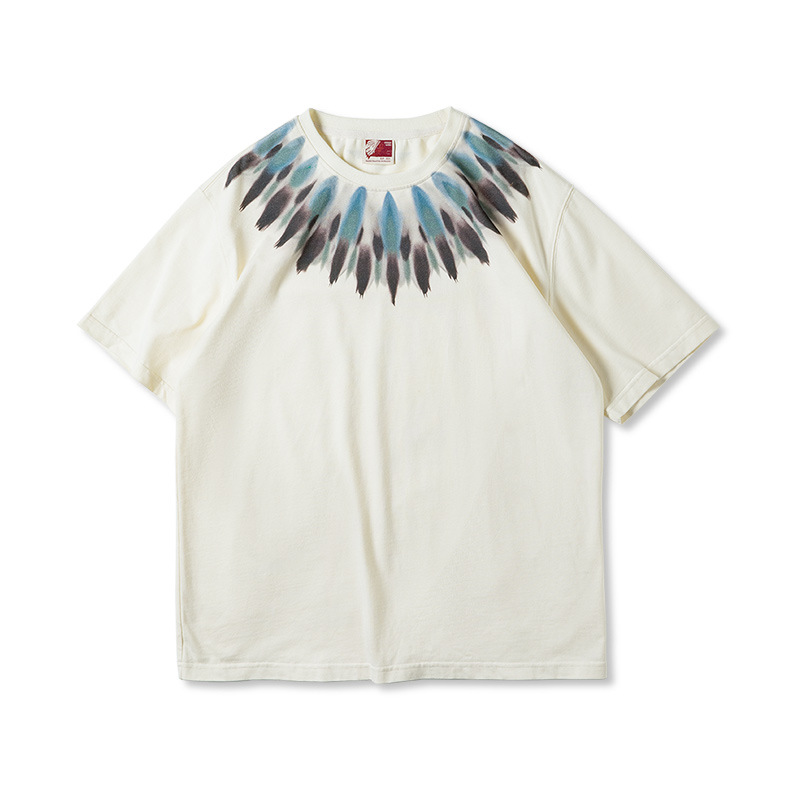 馬登工裝 美式復古印第安羽毛印花短袖做舊寬鬆民族風T恤男夏
