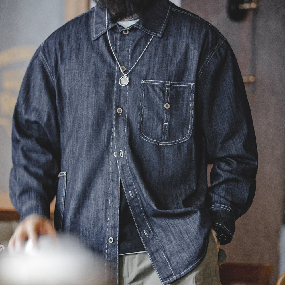 美式復古水洗丹寧牛仔襯衫大口袋輯明線寬鬆長袖襯衣男-Retro's Wear