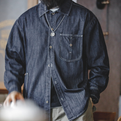 美式復古水洗丹寧牛仔襯衫大口袋輯明線寬鬆長袖襯衣男-Retro's Wear