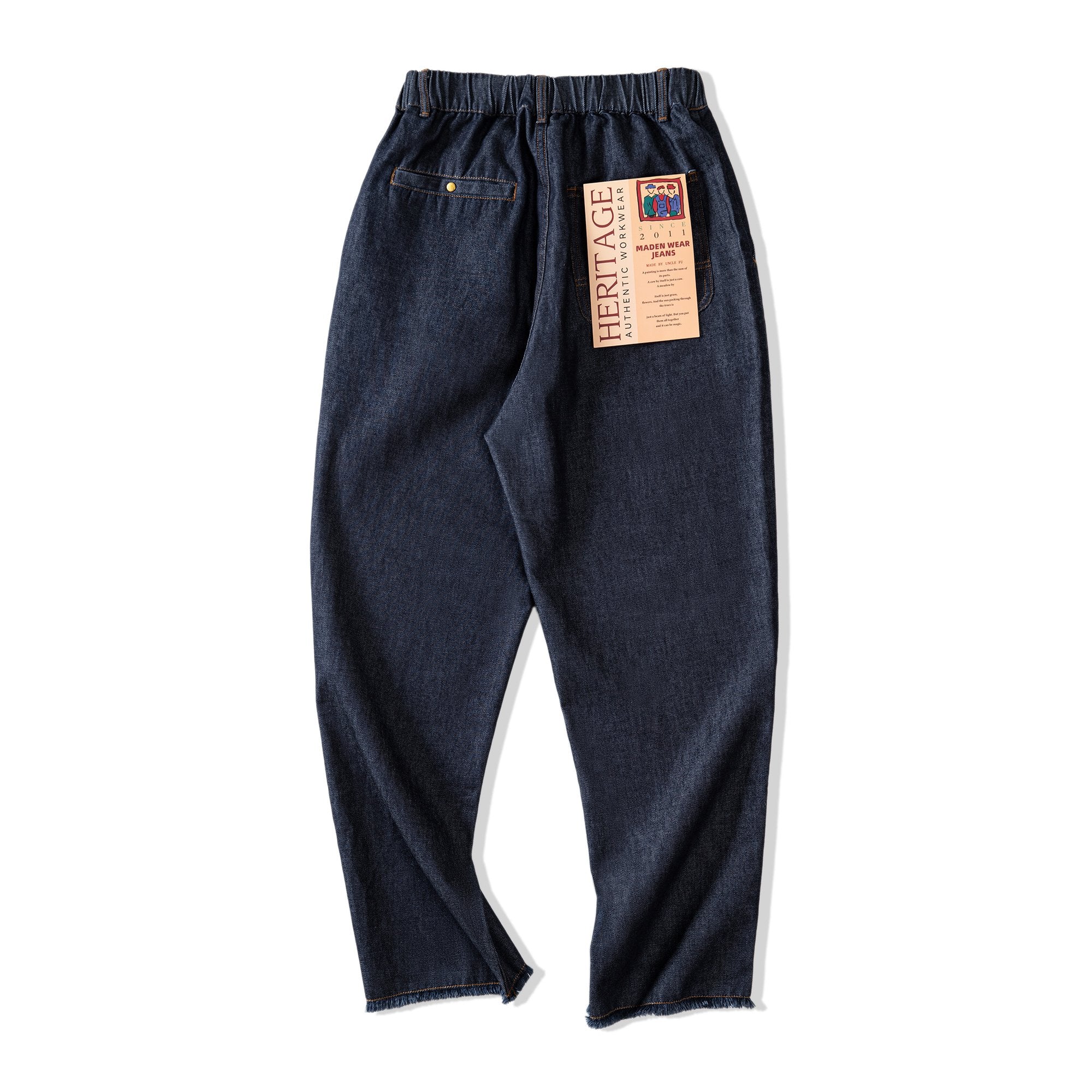 美式休閑冰皮牛仔褲丹寧水洗雙褶毛邊寬松直筒長褲男春-Retro's Wear