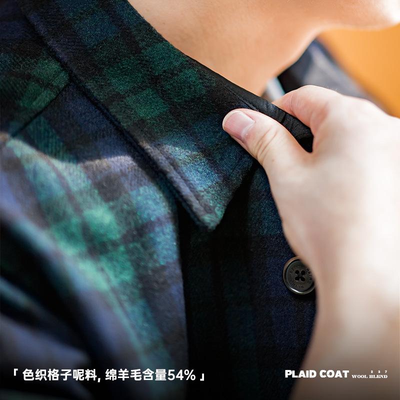 藍綠格子毛呢夾克寬松厚實格紋襯衫外套男秋季-Retro's Wear