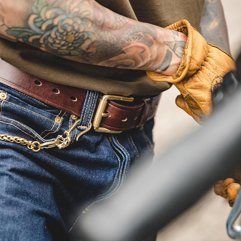 馬登工裝頭層植鞣皮腰帶黃銅單針快脫扣頭硬漢褲帶男-Retro's Wear