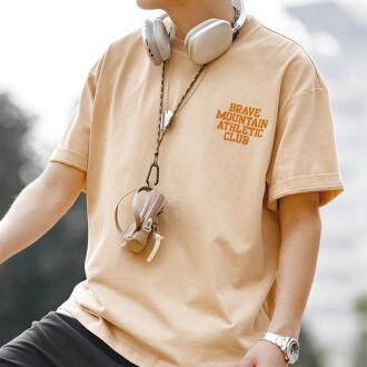 美式休閑馬卡龍色短袖t恤植絨字母印花全棉圓領體恤男夏-Retro's Wear