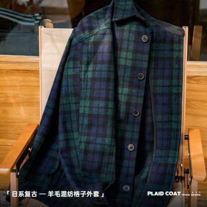 藍綠格子毛呢夾克寬松厚實格紋襯衫外套男秋季-Retro's Wear