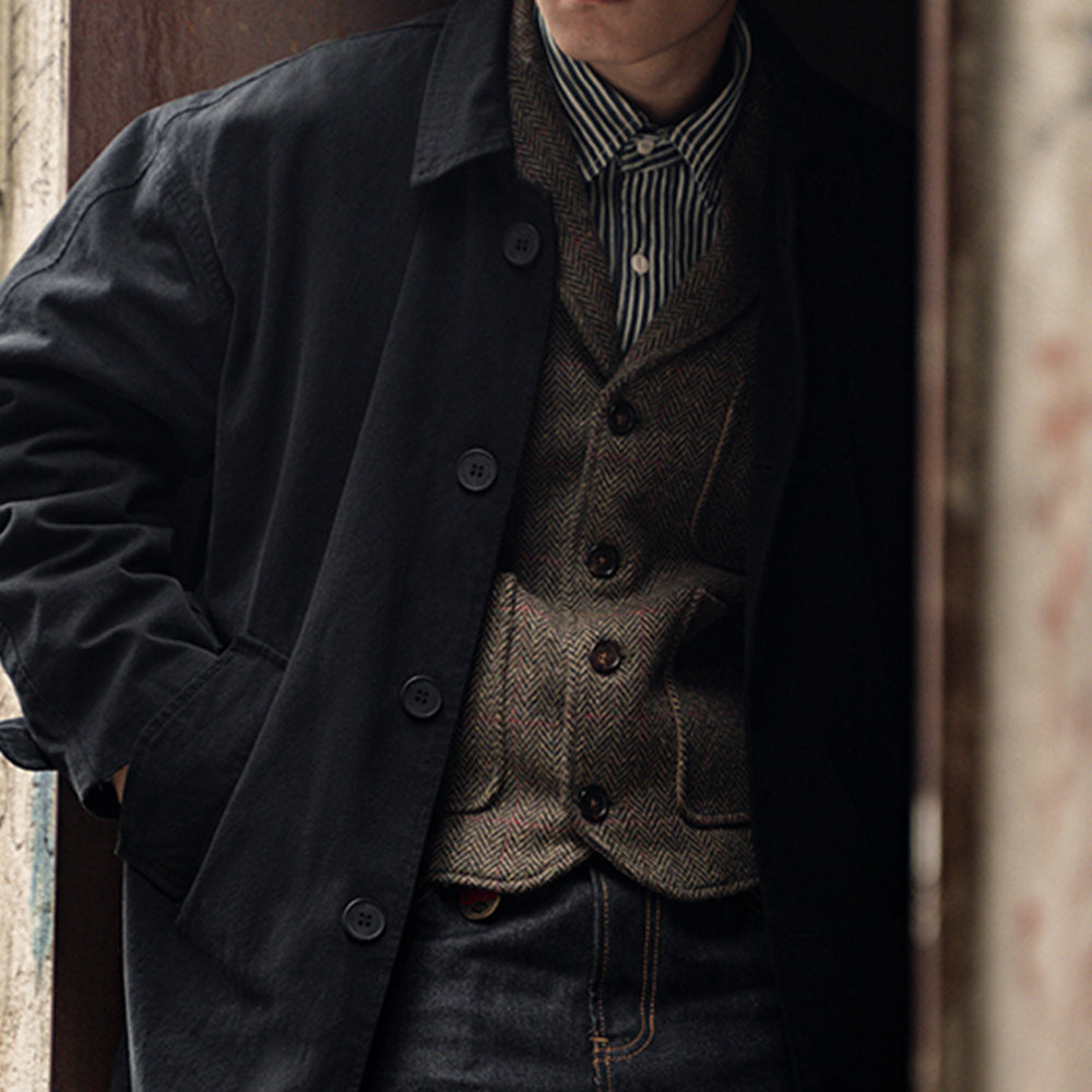 巴爾馬肯美式休閑工裝風衣中長款過膝寬松單排扣外套-Retro's Wear